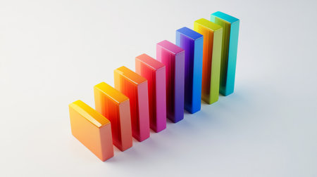 A colorful 3D bar graph on a clean white background, with bars of different heights representing financial growth, creating a sense of depth and dimension.の素材