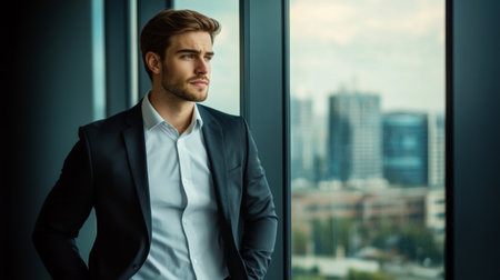 A confident young businessman in a sharp suit standing by a large window in a modern office, looking out over the cityscape with a thoughtful expression.の素材