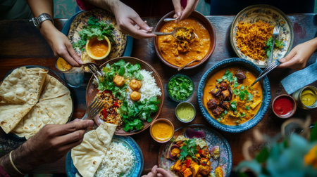 A cozy dining scene featuring friends enjoying a variety of Indian dishes, with colorful plates and laughter, emphasizing the communal aspect of Indian meals.の素材