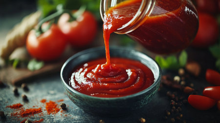 A close-up of homemade ketchup being poured from a jar into a small bowl, with fresh tomatoes and spices in the background, highlighting the artisanal process of making this sauce.の素材