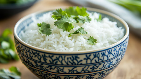 A close-up shot of a bowl filled with fluffy jasmine rice, perfectly steamed and garnished with fresh cilantro, showcasing its aromatic texture and inviting appearance.の素材