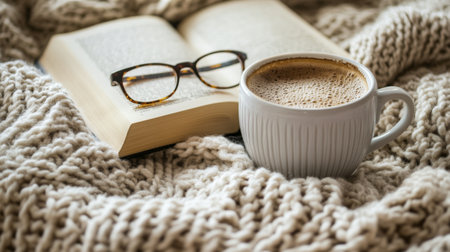 A cozy corner with a cup of coffee on a knitted blanket, paired with a good book and a pair of reading glasses, creating a perfect atmosphere for relaxation.の素材