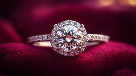 A close-up shot of an exquisite diamond ring sparkling under soft light, showcasing its intricate details and brilliance against a plush velvet background.の素材
