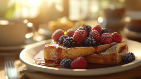 A cozy breakfast scene featuring a plate of French toast topped with fresh berries and syrup, with a side of coffee, creating a warm and inviting atmosphere.の素材