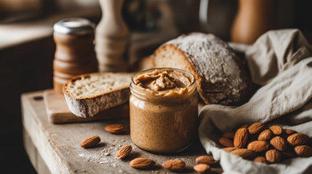 A cozy kitchen scene with a jar of homemade almond butter, surrounded by fresh bread and whole almonds, evoking a warm, inviting atmosphere for breakfast.の素材