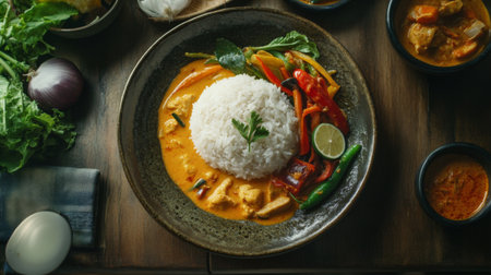 A cozy dining scene featuring a beautifully plated dish of jasmine rice served alongside colorful Thai curries and fresh vegetables, inviting viewers to indulge in the meal.の素材