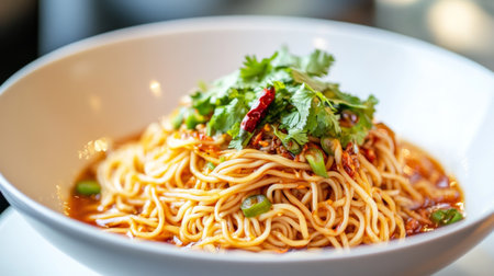 A close-up of a bowl of noodles with a rich, savory sauce and a garnish of fresh herbs and chili, presented on a white plate to emphasize its delicious presentation.の素材