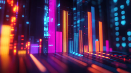 A close-up of a futuristic 3D bar graph with glowing neon bars, rising upward in a dynamic digital environment, symbolizing financial success and innovation.の素材