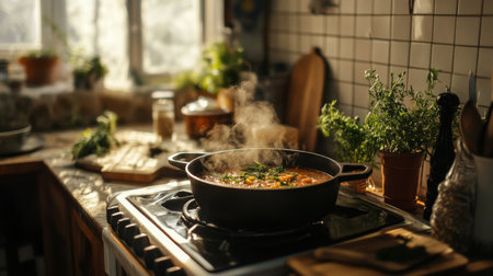 A cozy kitchen scene featuring a bubbling stew in a cast-iron pot on the stove, with aromatic herbs and spices arranged nearby, evoking warmth and comfort.の素材