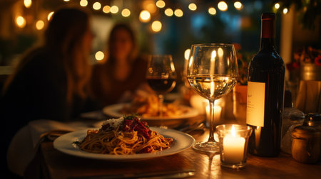 A cozy image of a couple enjoying a candlelit dinner at an Italian restaurant, with delicious pasta dishes and a bottle of wine on the table, illustrating romantic dining experiences.の素材