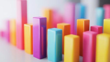 A colorful 3D bar graph on a clean white background, with bars of different heights representing financial growth, creating a sense of depth and dimension.の素材
