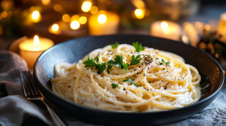 A comforting bowl of spaghetti with creamy Alfredo sauce, garnished with fresh parsley and black pepper, set on a cozy dining table with candles in the background.の素材