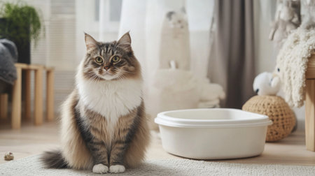A cozy image of a fluffy cat sitting contently beside a clean litter box, surrounded by pet toys, creating a warm and inviting atmosphere in a loving home.の素材