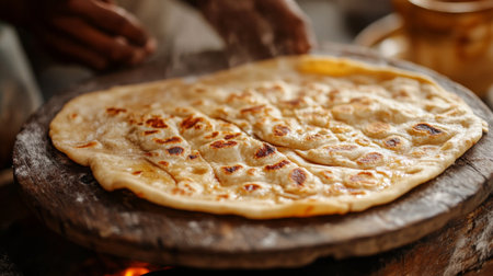 A close-up of freshly cooked roti being served hot on a traditional wooden platter, with golden-brown edges and a light dusting of flour, showcasing its irresistible texture.の素材