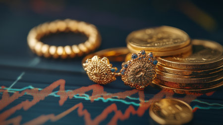 A creative composition featuring gold jewelry next to a gold price chart, merging the concepts of luxury and investment in the gold market.の素材