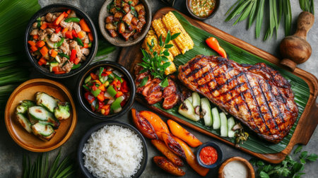 A creative flat lay of a meal featuring a delicious pork steak, grilled fish, and a colorful array of side dishes including saut vegetables and rice.の素材