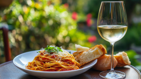 A cozy outdoor dining scene featuring a plate of spaghetti with marinara sauce, accompanied by a glass of white wine and fresh garlic bread, set against a garden backdrop.の素材