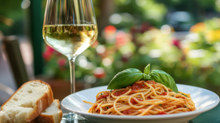 A cozy outdoor dining scene featuring a plate of spaghetti with marinara sauce, accompanied by a glass of white wine and fresh garlic bread, set against a garden backdrop.の素材