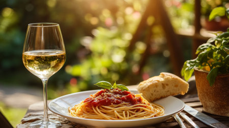 A cozy outdoor dining scene featuring a plate of spaghetti with marinara sauce, accompanied by a glass of white wine and fresh garlic bread, set against a garden backdrop.の素材