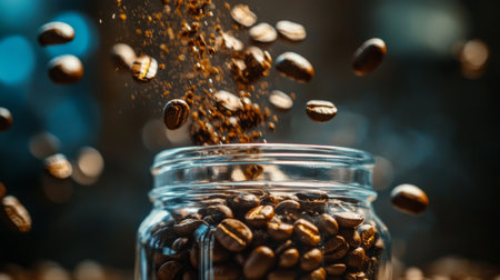 A creative shot of coffee beans being poured into a glass jar, with some beans scattered around, capturing the freshness and aroma associated with quality coffee.の素材