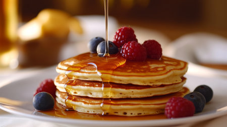 A creative representation of condensed milk being poured over a stack of pancakes, with syrup and berries in the background, emphasizing a delicious breakfast moment.の素材