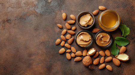 A creative flat lay of various almond products, including almond oil, almond butter, and whole almonds, arranged artfully on a textured background for a vibrant display.の素材