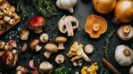 A creative flat lay of various mushroom types alongside cooking ingredients like garlic, onions, and herbs, highlighting their versatility in gourmet dishes.の素材