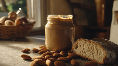 A cozy kitchen scene with a jar of homemade almond butter, surrounded by fresh bread and whole almonds, evoking a warm, inviting atmosphere for breakfast.の素材