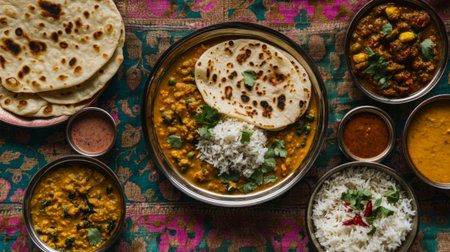A creative flat lay of a traditional Indian meal featuring roti, dal, and curry, beautifully arranged on a colorful tablecloth, showcasing the richness of Indian cuisine.の素材