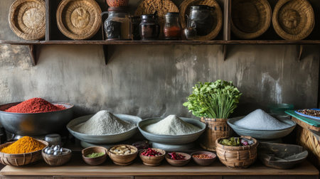 A charming photo of a traditional Thai kitchen with bowls of salt and spices neatly arranged, reflecting the rich culinary heritage and the use of fresh ingredients.の素材