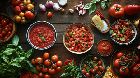 A creative flat lay of tomato-based dishes, such as salsa, pasta sauce, and a fresh tomato salad, arranged on a wooden table to showcase culinary uses.の素材