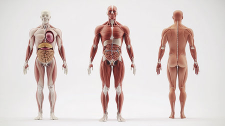 A detailed anatomical illustration of the human body highlighting major organs and systems, set against a clean white background for educational purposes.の素材