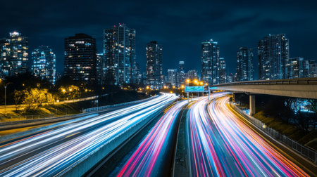 A dramatic nighttime view of a long exposure shot of an expressway, with bright lights creating trails from moving cars, emphasizing the energy and activity of the city.の素材
