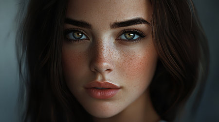 A detailed portrait of a woman with striking eyes and a subtle, elegant smile, captured in a sophisticated and polished setting.の素材