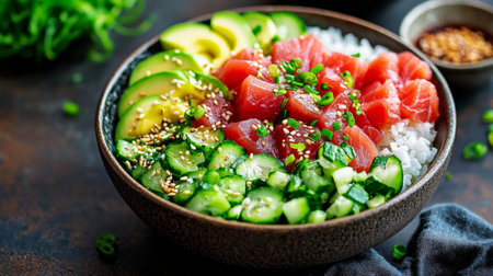 A dynamic shot of a vibrant tuna poke bowl, featuring chunks of tuna, avocado, cucumber, and rice, arranged artfully in a colorful and appetizing presentation.の素材