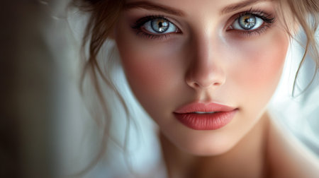 A detailed portrait of a woman with striking eyes and a subtle, elegant smile, captured in a sophisticated and polished setting.の素材