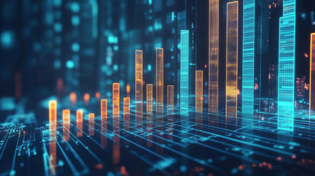 A digital 3D bar chart projected on a virtual screen, with tall, glowing bars reaching upward, symbolizing market growth and success in the financial sector.の素材
