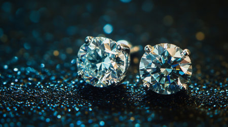 A detailed shot of a pair of diamond earrings with a unique design, captured with a macro lens to emphasize the cut and sparkle of each stone.の素材