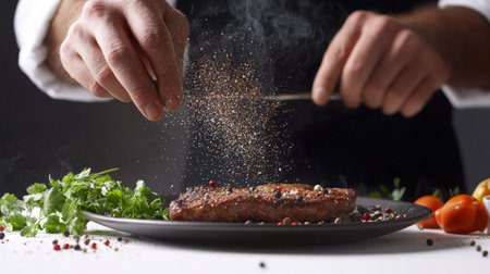A dynamic image of a chef seasoning a steak before grilling, with spices and herbs in the foreground, capturing the art of cooking on a clean white backdropの素材