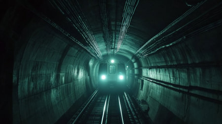 A dramatic shot of a subway train entering a dimly lit tunnel, with bright headlights illuminating the dark passageway, creating a sense of motion and excitement.の素材