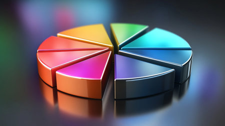 A dynamic 3D pie chart with metallic segments, arranged on a reflective surface, representing financial data and business performanceの素材