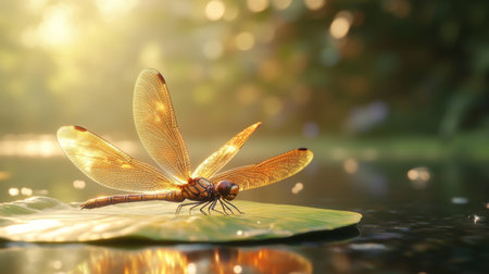 A dynamic scene of a dragonfly resting on a leaf near a serene pond, with its iridescent wings glistening in the sunlight, highlighting the grace of these insects.の素材