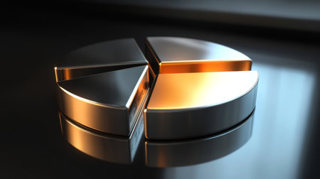 A dynamic 3D pie chart with metallic segments, arranged on a reflective surface, representing financial data and business performanceの素材