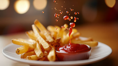 A dynamic shot of a plate of crispy French fries being dipped into a small bowl of ketchup, with droplets of sauce splashing, showcasing the perfect pairing of flavors.の素材