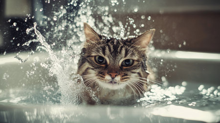 A dynamic photo of a cat splashing water playfully while trying to escape the bath, emphasizing the amusing antics of pets during their grooming sessions.の素材