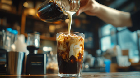 A dynamic shot of a barista pouring condensed milk into a glass of iced coffee, creating a swirl effect, highlighting the delicious combination of flavors.の素材