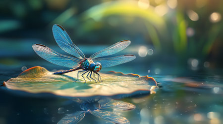 A dynamic scene of a dragonfly resting on a leaf near a serene pond, with its iridescent wings glistening in the sunlight, highlighting the grace of these insects.の素材