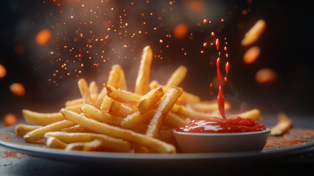 A dynamic shot of a plate of crispy French fries being dipped into a small bowl of ketchup, with droplets of sauce splashing, showcasing the perfect pairing of flavors.の素材