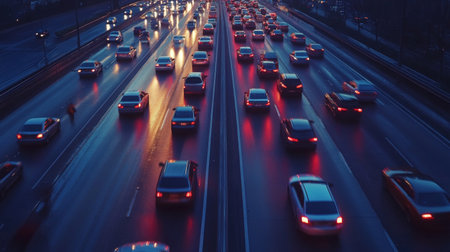 A dynamic aerial view of a busy expressway during rush hour, showcasing streams of headlights and taillights as vehicles move in both directions, illustrating the hustle of urban life.の素材