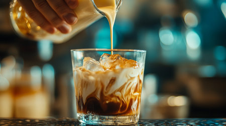 A dynamic shot of a barista pouring condensed milk into a glass of iced coffee, creating a swirl effect, highlighting the delicious combination of flavors.の素材